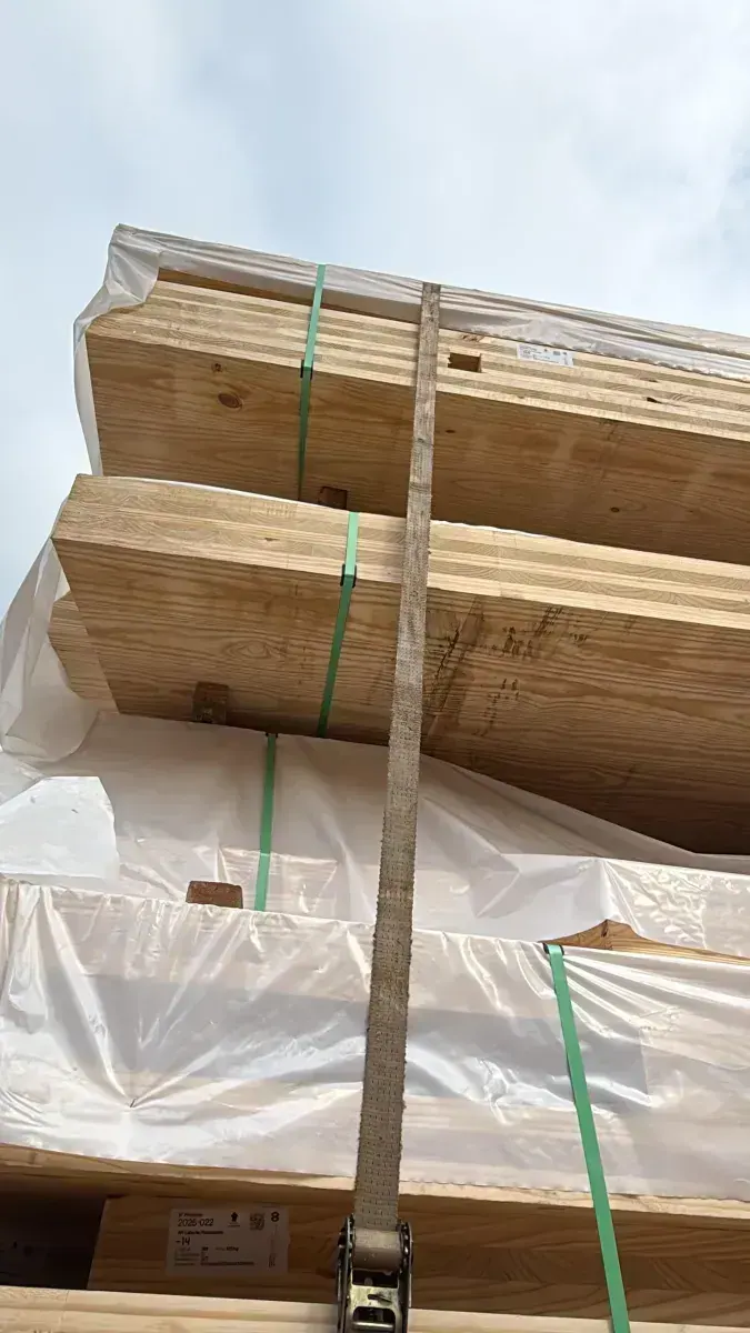 Stacked CLT panels ready for assembly