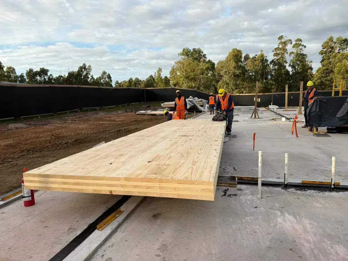 CLT panel being guided into position by workers